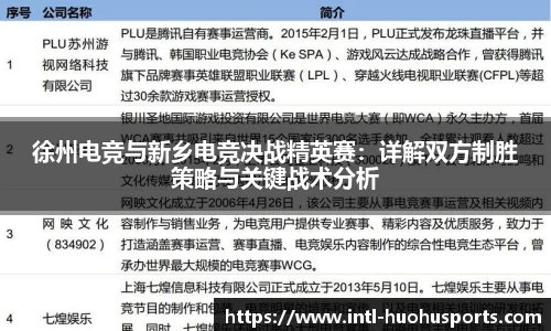 徐州电竞与新乡电竞决战精英赛：详解双方制胜策略与关键战术分析